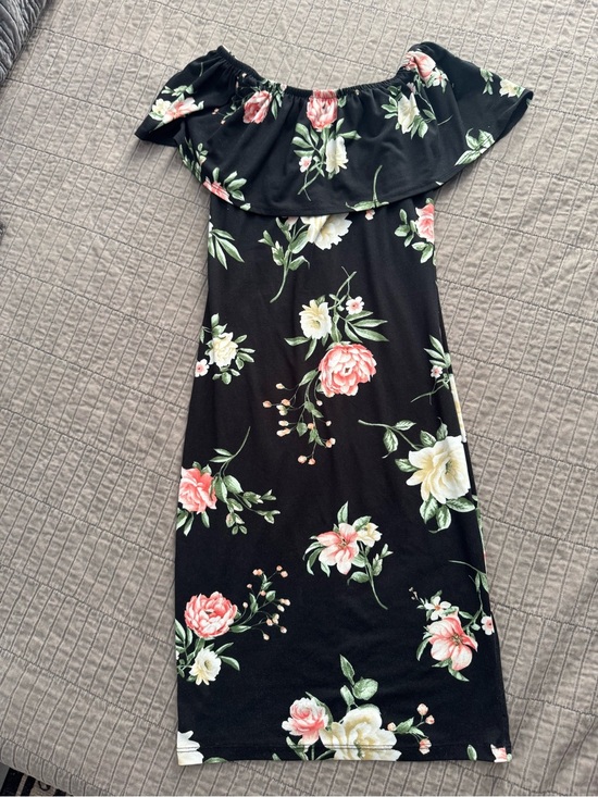 iris Dresses & Skirts - IRIS Black Floral Off Shoulder Midi Dress Ruffle Overlay Bodycon Size Small
